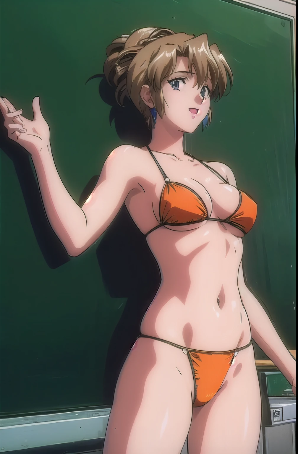 masterpiece, best quality, 1girl, looking at viewer, ultra detailed, cowboy shot, folded ponytail, teacher,  classroom, chalkboard, bright image, orange bikini, hot colors, very happy, medium breasts