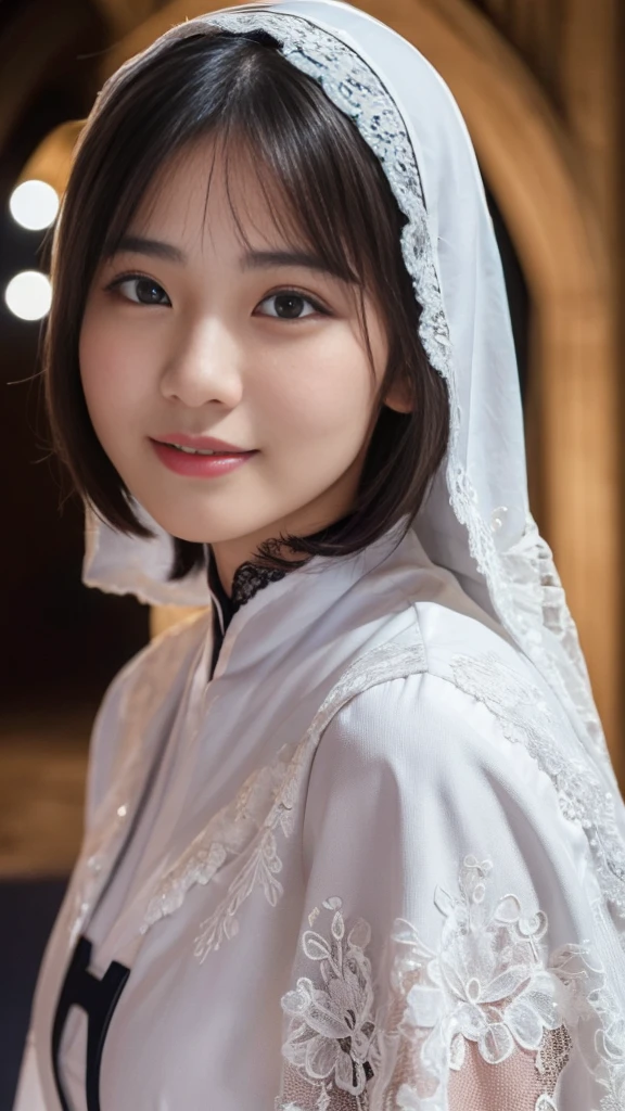 (A Ultra cute young Japanese nun:1.75),(she wearing a decorated with lace nun costume slim fit:2.0),(beautiful detailed eyes:2.0),beautiful detailed lips, (extremely detailed cute face:2.0), longeyelashes, (slender woman body:2.0), (beautiful short hair:2.0), (natural makeup,big smile:1.5), incredibly beautiful skin,(professional lighting, bright lighting, photorealistic, 8k, high resolution, best quality, masterpiece, ultra-detailed:1.75), vivid colors, (Moonlit Night:1.5),(The moonlight shines on her face:1.2),(She is in the church:1.2)