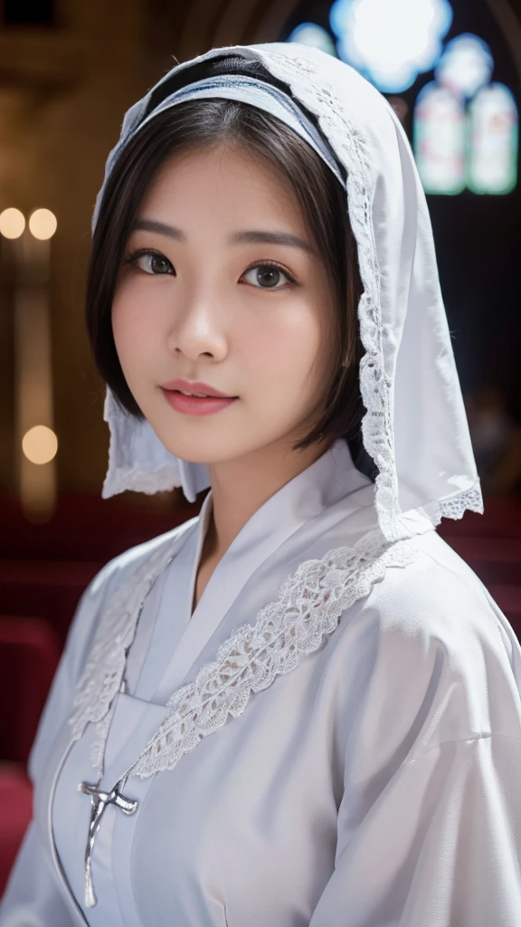 (A Ultra cute young Japanese nun:1.75),(she wearing a decorated with lace nun costume slim fit:2.0),(beautiful detailed eyes:2.0),beautiful detailed lips, (extremely detailed cute face:2.0), longeyelashes, (slender woman body:2.0), (beautiful short hair:2.0), (natural makeup,big smile:1.5), incredibly beautiful skin,(professional lighting, bright lighting, photorealistic, 8k, high resolution, best quality, masterpiece, ultra-detailed:1.75), vivid colors, (Moonlit Night:1.5),(The moonlight shines on her face:1.2),(She is in the church:1.2)
