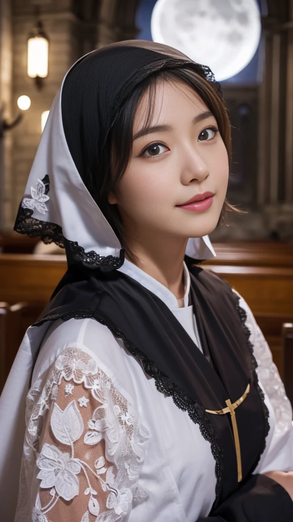 (A Ultra cute young Japanese nun:1.75),(she wearing a decorated with lace nun costume slim fit:2.0),(beautiful detailed eyes:2.0),beautiful detailed lips, (extremely detailed cute face:2.0), longeyelashes, (slender woman body:2.0), (beautiful short hair:2.0), (natural makeup,big smile:1.5), incredibly beautiful skin,(professional lighting, bright lighting, photorealistic, 8k, high resolution, best quality, masterpiece, ultra-detailed:1.75), vivid colors, (Moonlit Night:1.5),(The moonlight shines on her face:1.2),(She is in the church:1.2)