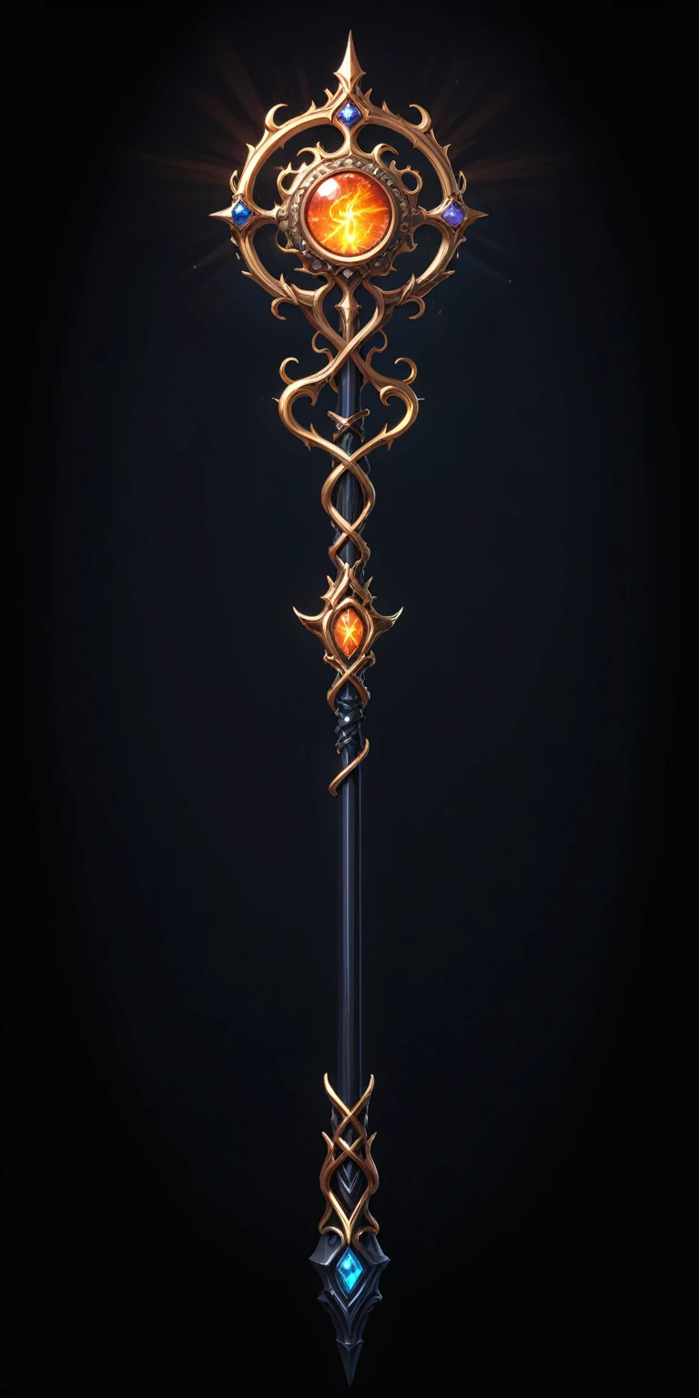 pixel art, cartoon illustration, Divine glavie greatstaff, Powerfull Magical theme, simple black background, RPG game icon
