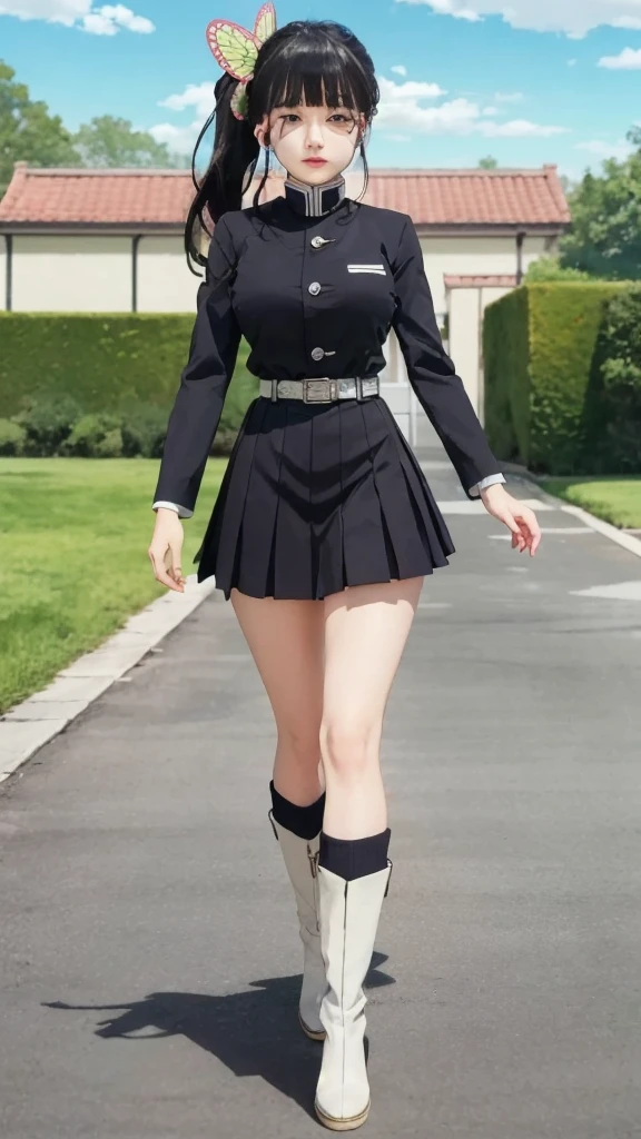 Top quality, 8k, 32k, Masterpiece, photorealistic, realistic, (photorealistic:1,4), solo, slight smile, dramatic lighting, professional makeup, breasts, (natural big breasts: 1.3), (seductive), beautiful white face shining, beautiful face, pink cheeks, beautiful lips, porcelain skin, detail intricate, super detailed, super high, highest detailed, high detailed, delicate, incredible detailed, fine detailed, cinematic lighting, top quality, smooth and beautiful, CG, unity, 8k wallpaper, Stunning, fine detail, unity CG wallpaper 8k ultra-detailed, large file size, ultra-detailed, high resolution, incredible detail, stunning detail, depth of field, kanaotsuyuri, kanao tsuyuri, black hair, butterfly, butterfly hair ornament, (purple eyes:1.1), side ponytail, ponytail, BREAK black skirt, cape, demon slayer uniform, long sleeves, pleated skirt, skirt, white cape, BREAK looking at viewer,