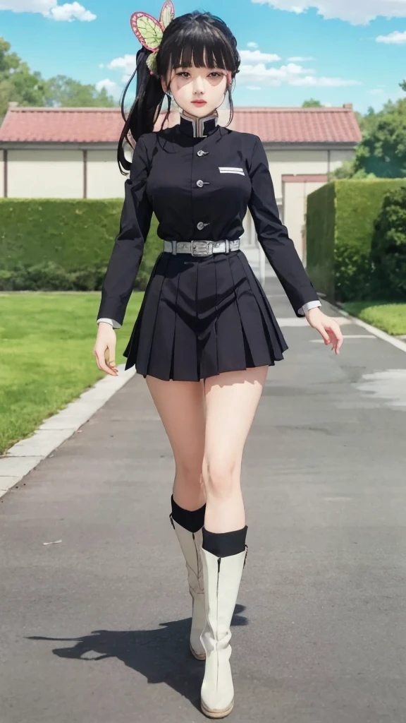 Top quality, 8k, 32k, Masterpiece, photorealistic, realistic, (photorealistic:1,4), solo, slight smile, dramatic lighting, professional makeup, breasts, (natural big breasts: 1.3), (seductive), beautiful white face shining, beautiful face, pink cheeks, beautiful lips, porcelain skin, detail intricate, super detailed, super high, highest detailed, high detailed, delicate, incredible detailed, fine detailed, cinematic lighting, top quality, smooth and beautiful, CG, unity, 8k wallpaper, Stunning, fine detail, unity CG wallpaper 8k ultra-detailed, large file size, ultra-detailed, high resolution, incredible detail, stunning detail, depth of field, kanaotsuyuri, kanao tsuyuri, black hair, butterfly, butterfly hair ornament, (purple eyes:1.1), side ponytail, ponytail, BREAK black skirt, cape, demon slayer uniform, long sleeves, pleated skirt, skirt, white cape, BREAK looking at viewer,