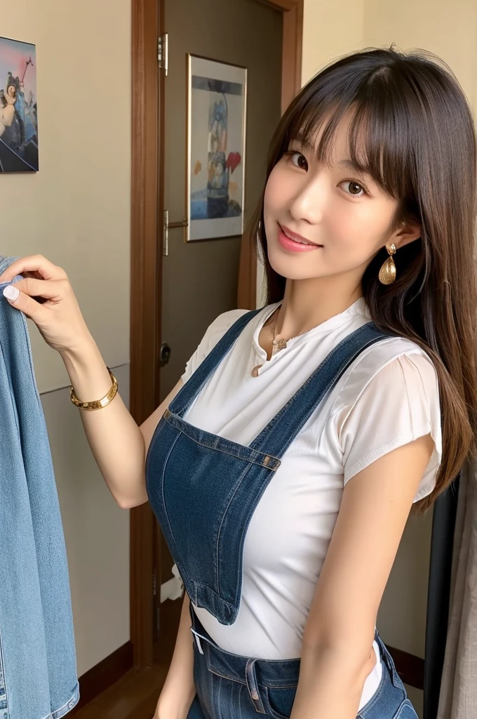 Showing off her big hips wrapped in jeans, buttocks, Lover's room, Apartment manager, ((full body)), ((photo)), ((best qualtiy, 8K, tmasterpiece: 1.3)), Focus: 1.2, perfect figure beautiful woman: 1.4, 1woman, cowboy shot, look at viewer, incredibly absurd, beautiful and cute woman with a photorealistic face, showcasing top-quality craftsmanship, A Japanese woman inspecting the equipment in her room, 31 years old, shoulder-length, medium-long brown hair, wavy and shiny, with bangs, round face, big brown eyes, soft smile, neat eyebrows, small nose, plump lips, white skin, smooth skin, healthy complexion, healthy, glamorous, large butt, 157cm tall, G-cup breasts, white blouse, dark blue jeans, beige vest, small gold earrings, silver watch, pretty older woman, beautiful, married woman, neat, cute voice, calm, kind, Responsible, curious, gentle, May