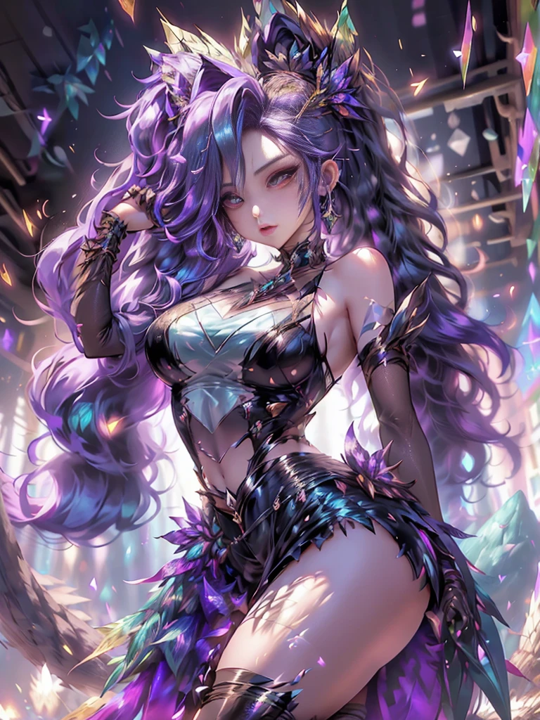 a woman with long purple hair and a black dress poses in the forest, extremely detailed artistic germ, Arte detallado de alta calidad 8k, fantasy art style, a sexy maid in a magical forest, chica anime seductora, succubus in short tight dress, estilo artgerm, chica elfa, hermosa y seductora mujer anime, epic fantasy art style