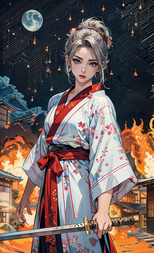 Starry Sky、Silver latex kimono、Adult women、Slit eyes、Beautiful Face、Red floral kimono、He holds a Japanese sword in his left hand.、A house is on fire in the foreground、The whole town is on fire、Moonlit Night、Glossy kimono