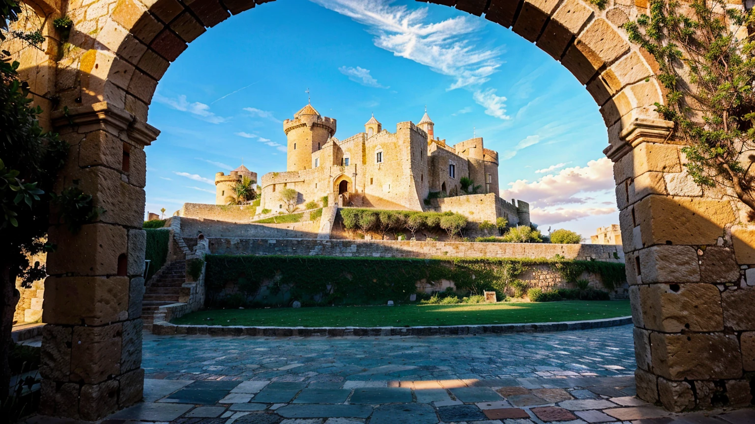 A detailed and realistic depiction of Castell de Eivissa beach in Ibiza, a historic castle situated on a hilltop overlooking the Mediterranean sea, with a warm golden hour lighting, vibrant blue skies, lush vegetation, and a sense of ancient grandeur, (best quality,8k,highres,masterpiece:1.2),ultra-detailed,(realistic,photorealistic,photo-realistic:1.37),ancient castle,medieval architecture,stone walls,towers,balconies,arched windows,cobblestone paths,mediterranean landscape,ibiza island,seaside,sunset lighting,warm colors,dramatic sky,lush foliage,detailed textures,historical monument
