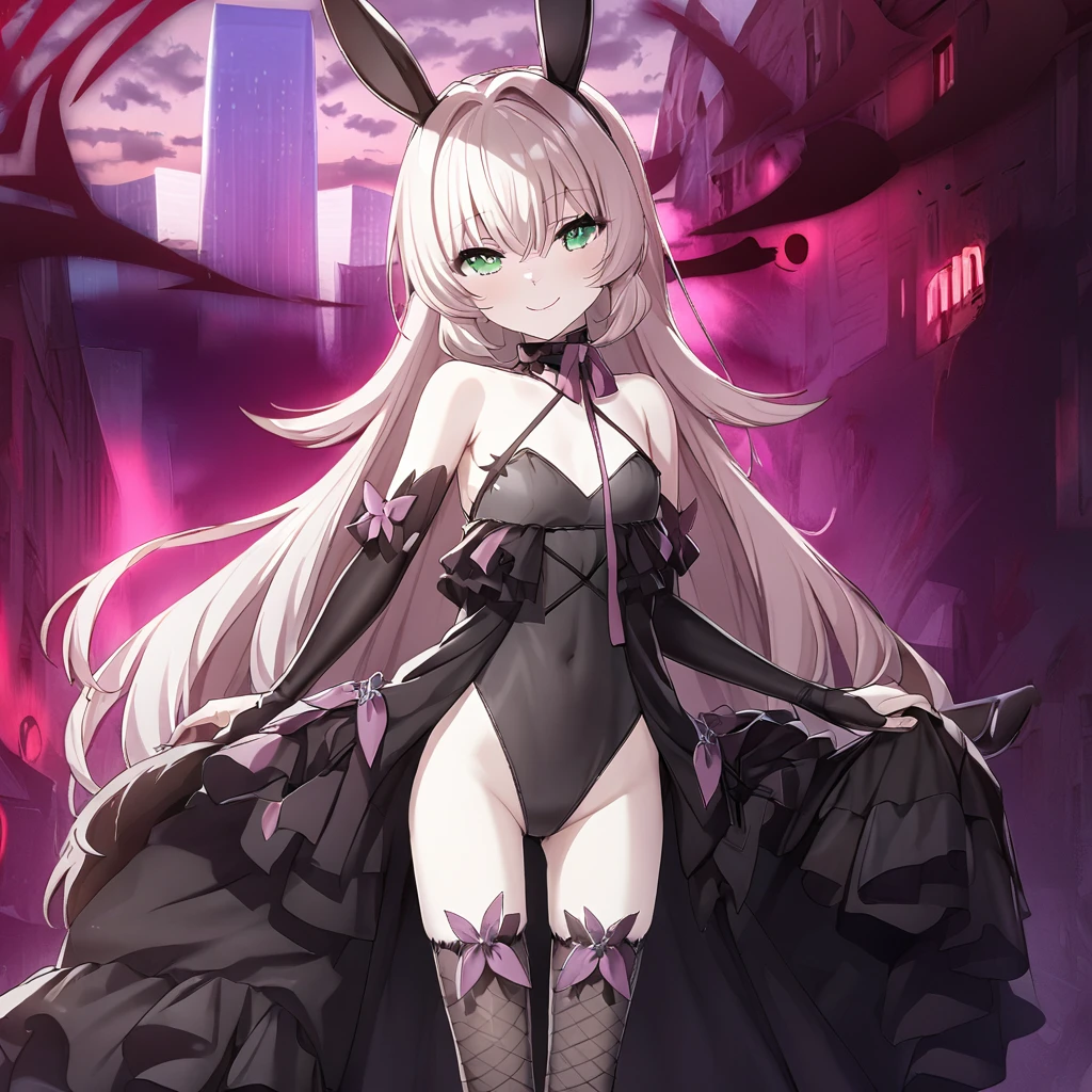 (Cute a girl:1.5), (masterpiece:1.3), anime visual, (Black bunny girl costume, red high heels,High leg, fishnet stockings, white bunny tail, black bunny ears, front view:1.3 ), (Lovey-dovey:1.5), (tilt head:1.3), extremely delicate face, soft clean focus, realistic lighting and shading, (an extremely delicate and beautiful art:1.3), elegant, (muted colors:1.1),(a girl with lavender-colored wavy hair and blunt bangs hair and green eyes:1.4), small breast,slim,The Moulin Rouge in Paris, mysterious pink light, a slightly dark room,look at viewer,smiling,A girl is pointing a flamethrower at viewer,
