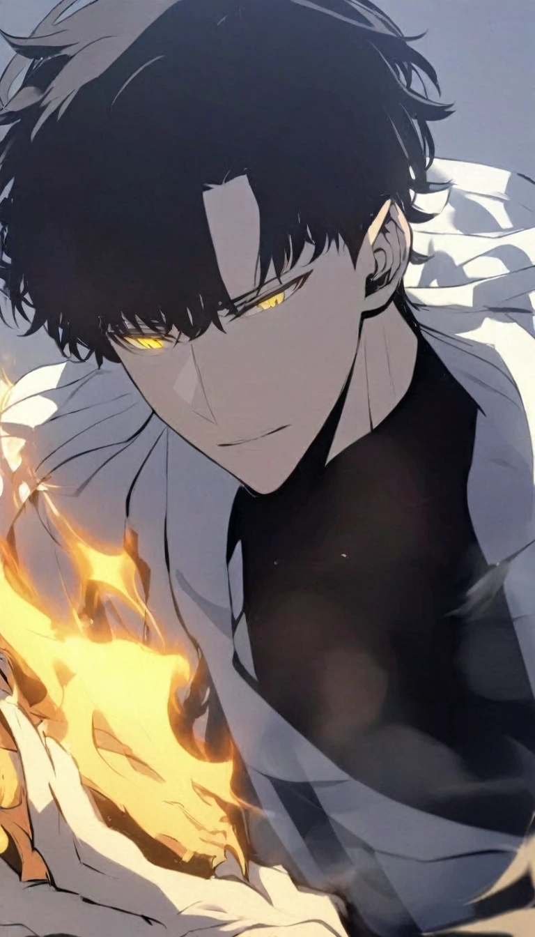 Handsome, alone, male, Short hair, Calm head, black hair, yellow eyes, black shirt, black pants, white long coat, yellow flame, holding a katana in one hand, relaxed expression, holding a sword in hand, reverse eye