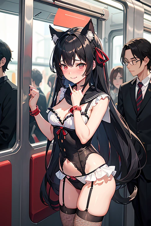 18 yeas old, girl, black hair, long hair, slim, big tits, narrow red eyes, cute, cat ears, (embarrassed, blush:1.2), (ecstasy:1.3), (think:1.6), (smile:1.1), sailor uniform, See-through, ribbon, fishnet, garter belt, frills, Kneesocks, high heels, blue rose, headdress, frontal, standing, crowded train, centet of attention, inside the train,