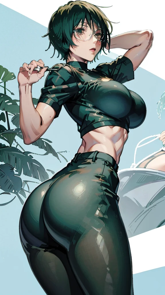 ((best quality)), ((masterpiece)), (detailed), perfect face, green hair, short hair, blue top, crop top, blue fitted booty shorts, huge breasts, huge ass