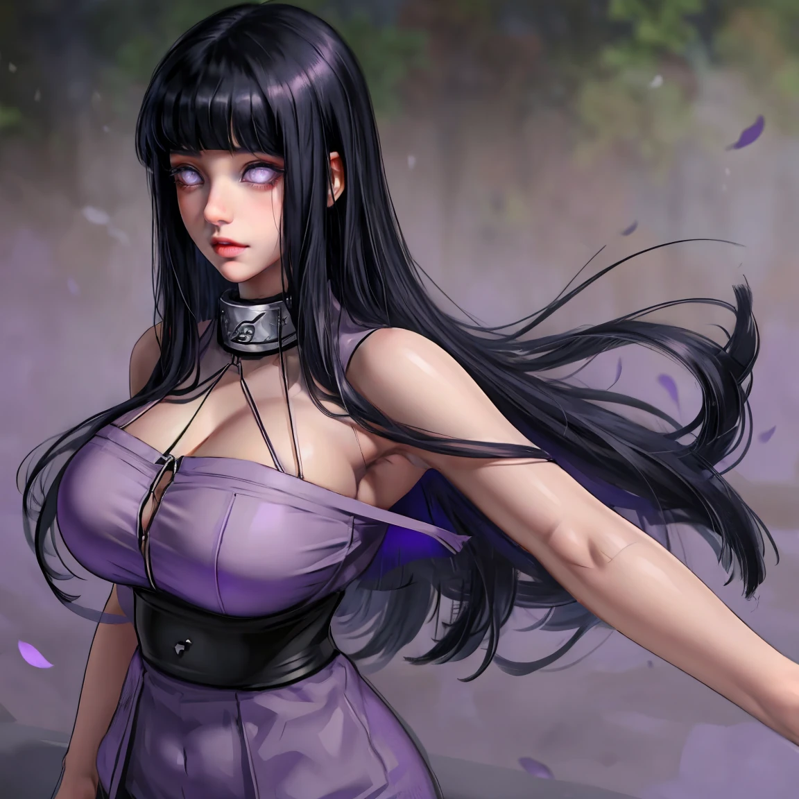 1girl, adult, Hinata Hyuga, the last, shy girl, long black hair, blunt bangs, dark hair, Voluminous hair, lavender eyes, no pupils, Lavender Sleeveless Blouse, big breasts, slim waist, masterpiece, best quality, Professional, realistic.