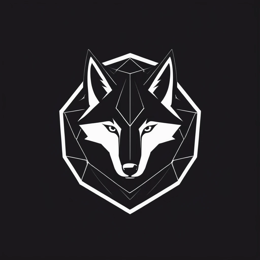 WOLF logo design. with a geometric style, flat, without color gradations, with neat shapes in black and white, monochrome