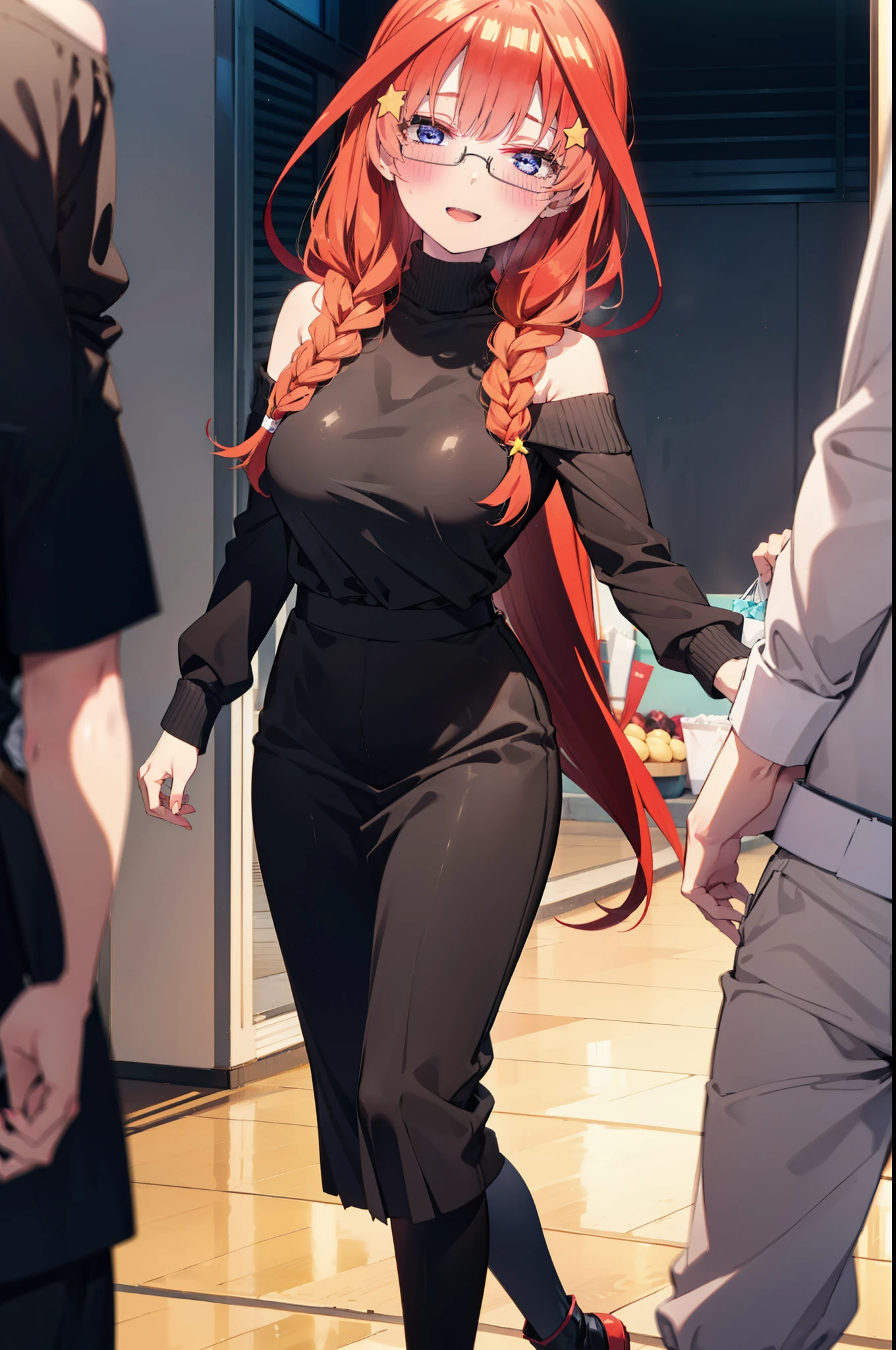 itsukinakano, Itsuki Nakano, bangs, blue eyes, Hair between the eyes, Ahoge, Redhead, star \(symbol\), hair ornaments, star hair ornaments,happy smile, smile, Open your mouth,blush,Akabuchi Glasses,Big Breasts,Long braids,One-shoulder sweater,Long skirt,Black pantyhose,short boots,Daytime,walking,whole bodyがイラストに入るように,crowd, people々々,
break indoors, Shopping mall,
break looking at viewer, whole body,
break (masterpiece:1.2), highest quality, High resolution, unity 8k wallpaper, (figure:0.8), (Beautiful fine details:1.6), Highly detailed face, Perfect lighting, Highly detailed CG, (Perfect hands, Perfect Anatomy),