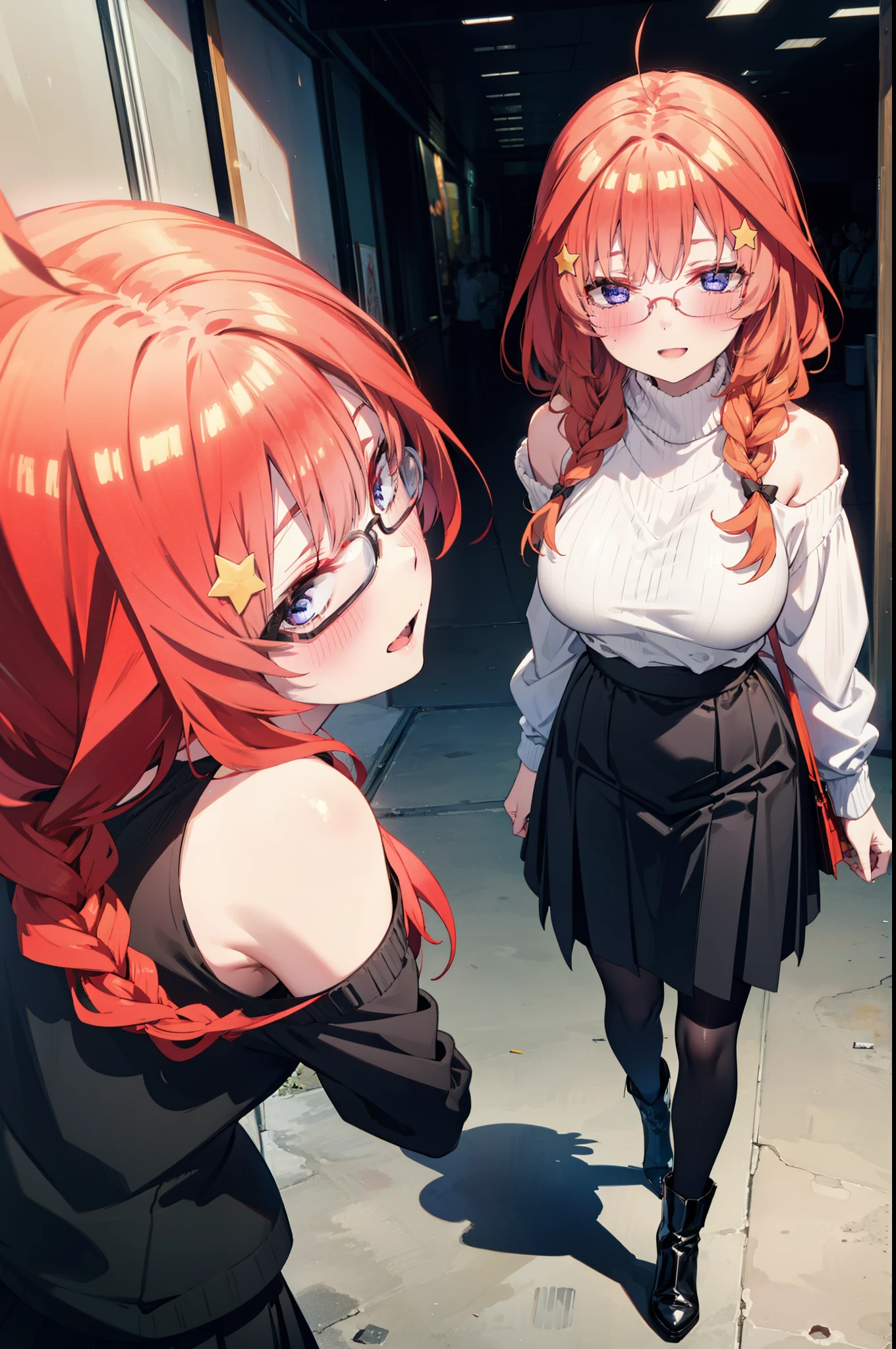 itsukinakano, Itsuki Nakano, bangs, blue eyes, Hair between the eyes, Ahoge, Redhead, star \(symbol\), hair ornaments, star hair ornaments,happy smile, smile, Open your mouth,blush,Akabuchi Glasses,Big Breasts,Long braids,One-shoulder sweater,Long skirt,Black pantyhose,short boots,Daytime,walking,whole bodyがイラストに入るように,crowd, people々々,
break indoors, Shopping mall,
break looking at viewer, whole body,
break (masterpiece:1.2), highest quality, High resolution, unity 8k wallpaper, (figure:0.8), (Beautiful fine details:1.6), Highly detailed face, Perfect lighting, Highly detailed CG, (Perfect hands, Perfect Anatomy),