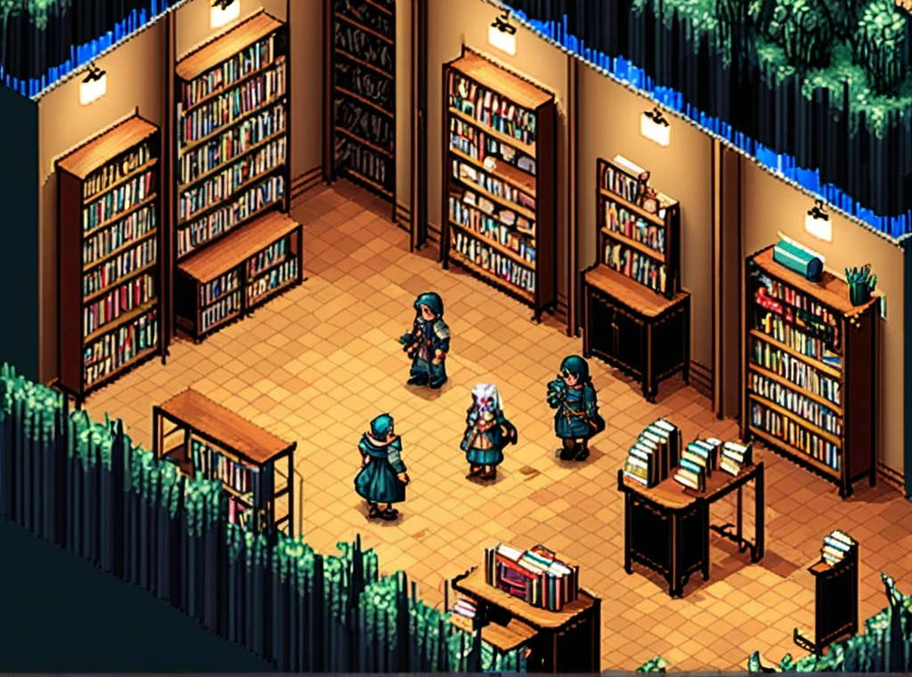 masterpiece, [thin outline],
BREAK,
inside the huge scale book store, indoor,
BREAK,
(RPG maker style top down view), pixel art