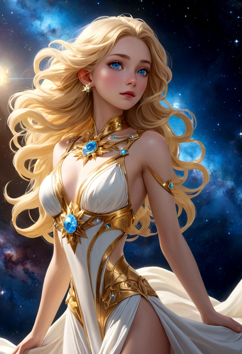 (masterpiece、highest quality、High resolution、8k)、Alone in space、The most beautiful goddess in the universe、Standing posture、(whole body、Super beautiful、Perfect figure)、White Dress、Blonde Hair、Beautiful Blue Eyes、Graceful operation、Gold and diamond ornament、(Floating in space like a star、Floating、Floating)、(金色の光がwhole bodyを包んでいる)、The universe is full of light、The Universe is Infinite、The background is a myriad of stars and nebulae、(Photorealistic:1.3)、High Contrast、