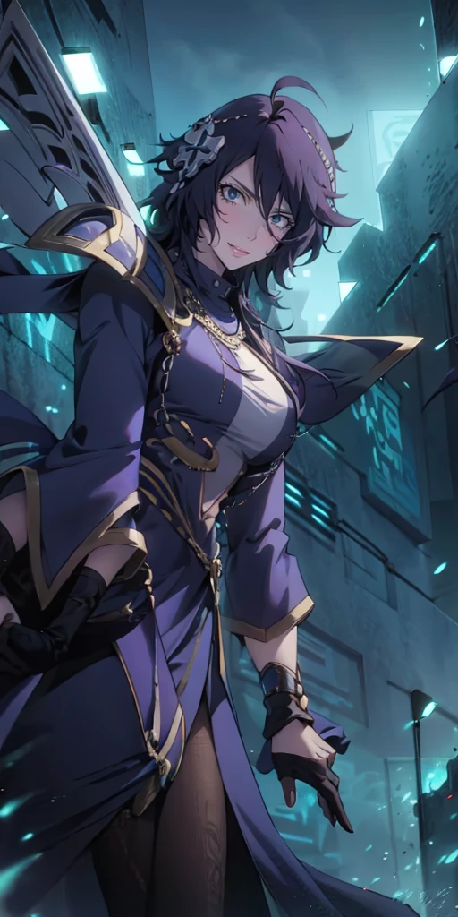 MC, ahoge, (long hari, purple hair:1.3), hair ornament, dark-blue eyes, anatomically correct, heavy breathing, mature female, an image of a female character from league of legends, by Kieran Yanner, phone wallpaper, dark lightning, smooth fuschia skin, female redhead templar, cinematic background, hollow eyes, bright pupils, dark-blue eyes, looking at viewer. glowing eyes heavy breathing, seductive smile, (steaming face:1.3), blush face, lips,
