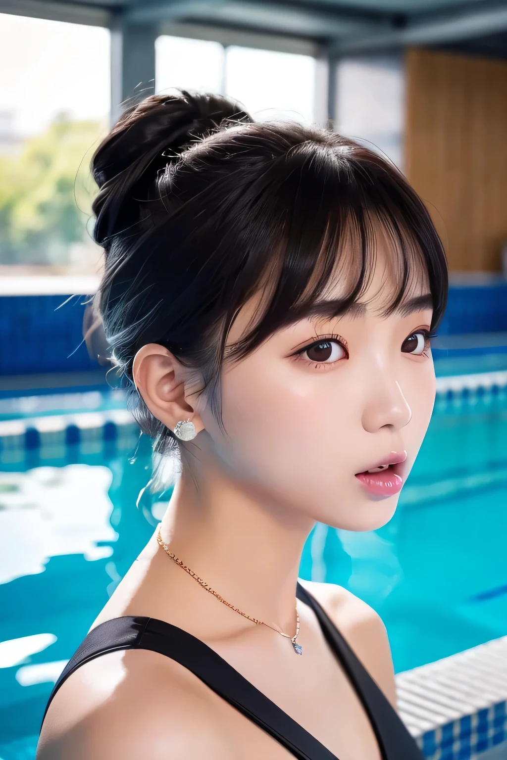 Beautiful Young Woman of the Year、 Korean women、Black Hair、Hairstyle bun、hair band、Necklace around the neck、Woman in swimsuit、Open your mouth a little、Intricate details, Very detailed:1.2), 、 Looking into the camera,background is indoor pool、ear piercing