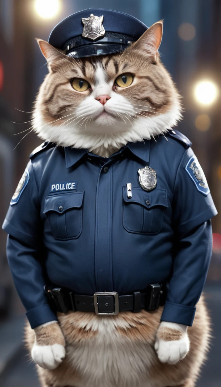 ((whole body)), ((Fat cat dressed as a police officer)), ((shine)) Super detailed, Hyperrealism, Cinematic, Action-packed backgrounds, (Bokeh effect)