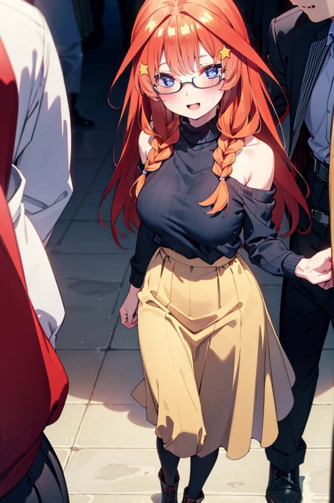 itsukinakano, Itsuki Nakano, bangs, blue eyes, Hair between the eyes, Ahoge, Redhead, star \(symbol\), hair ornaments, star hair ornaments,happy smile, smile, Open your mouth,blush,Akabuchi Glasses,Big Breasts,Long braids,One-shoulder sweater,Long skirt,Black pantyhose,short boots,Daytime,walking,whole bodyがイラストに入るように,crowd, people々々,
break indoors, Shopping mall,
break looking at viewer, whole body,
break (masterpiece:1.2), highest quality, High resolution, unity 8k wallpaper, (figure:0.8), (Beautiful fine details:1.6), Highly detailed face, Perfect lighting, Highly detailed CG, (Perfect hands, Perfect Anatomy),
