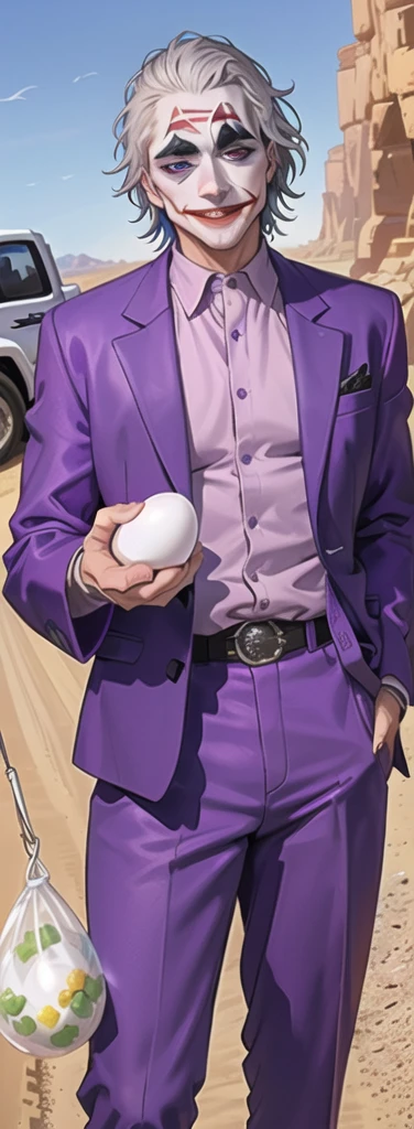 Portrait of a man in his 40s、standing、silver hair、(the joker:1.2)、purple dress , smile , Long body、 、desert background、(holding eggs:1.1) , (purple pickup truck :1.2)