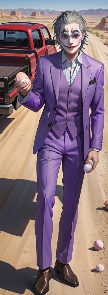 Portrait of a man in his 40s、standing、silver hair、(the joker:1.2)、purple dress , smile , Long body、 、desert background、(holding eggs:1.1) , (purple pickup truck :1.2)