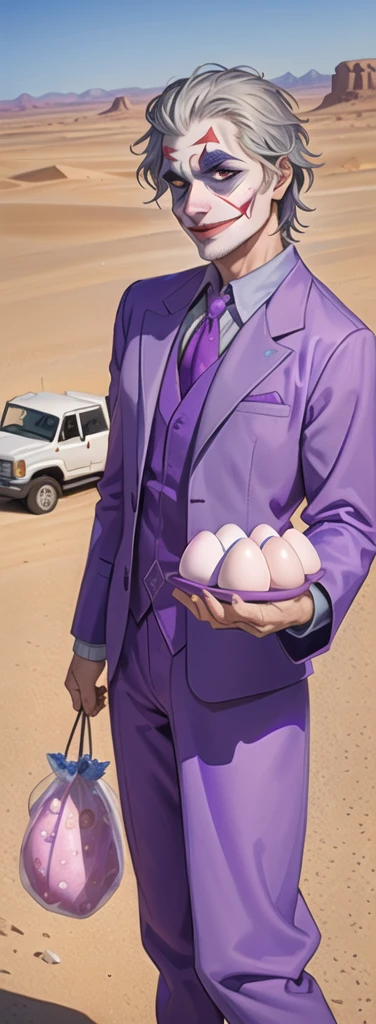 Portrait of a man in his 40s、standing、silver hair、the joker、purple dress , smile , Long body、 、desert background、(holding eggs:1.1) , (driving a purple pickup truck :1.5)