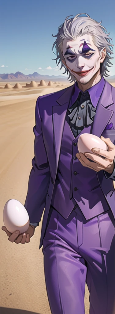 Portrait of a man in his 40s、standing、silver hair、(the joker:1.2)、purple dress , smile , Long body、 、desert background、(holding eggs:1.1) , (purple pickup truck :1.2)