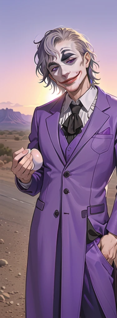 Portrait of a man in his 40s、standing、silver hair、(the joker:1.2)、purple dress , smile , Long body、 、desert background、(holding eggs:1.1) , (purple pickup truck :1.2)