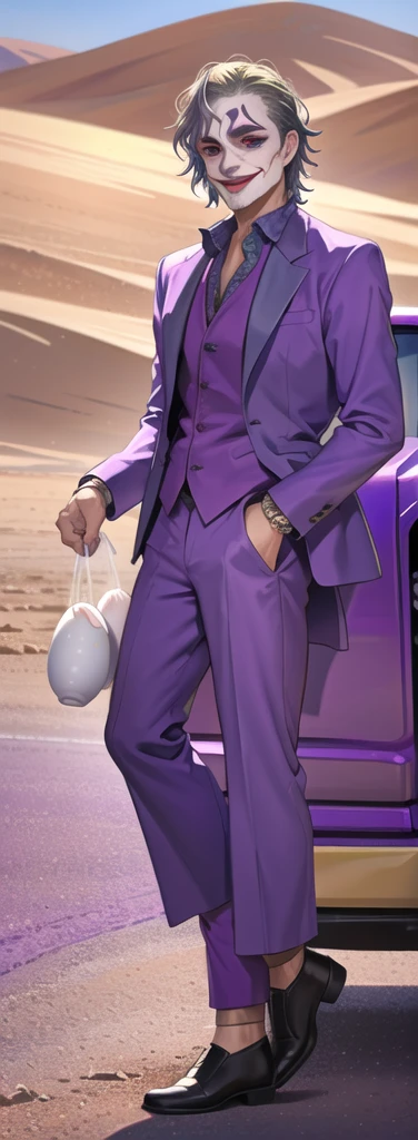 Portrait of a man in his 40s、standing、silver hair、(the joker:1.2)、purple dress , smile , Long body、 、desert background、(holding eggs:1.1) , (purple pickup truck :1.2)