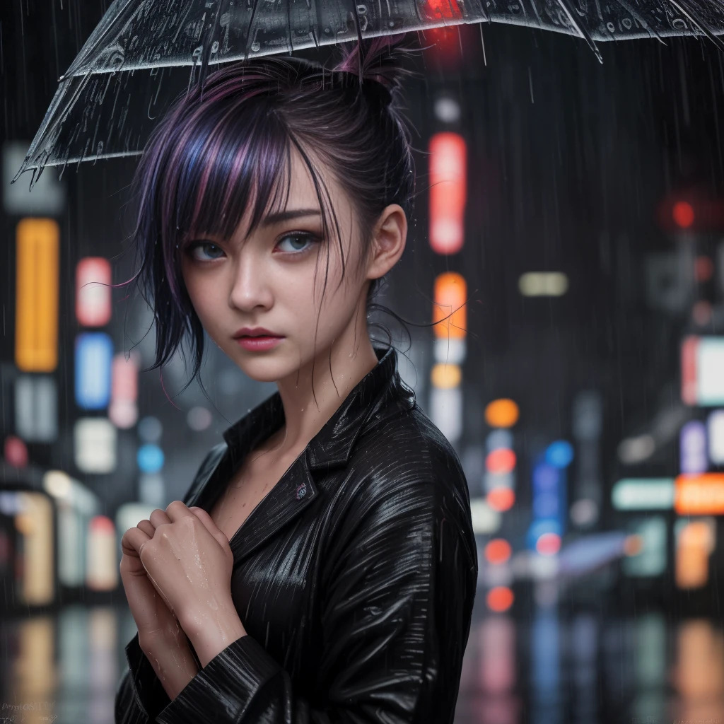 An 8k, RAW photo of the highest quality, a masterpiece with realistic, photo-realistic elements, depicting a rainy night on a Tokyo street. The cityscape is wet and illuminated by the soft lights of a cyberpunk city. A girl with an extremely beautiful face is featured in the bust shot, her hands down, sporting a random hairstyle, hair color, and expression.