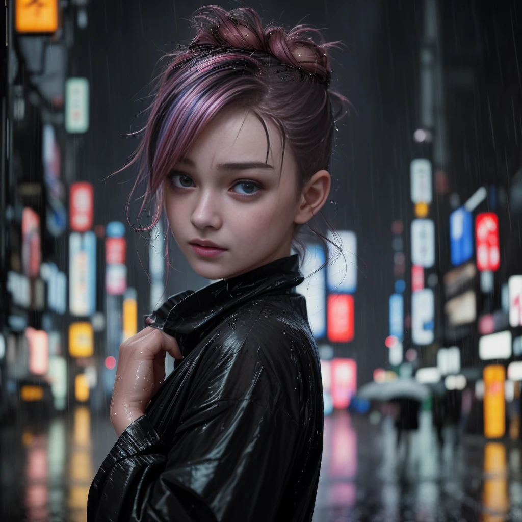 An 8k, RAW photo of the highest quality, a masterpiece with realistic, photo-realistic elements, depicting a rainy night on a Tokyo street. The cityscape is wet and illuminated by the soft lights of a cyberpunk city. A girl with an extremely beautiful face is featured in the bust shot, her hands down, sporting a random hairstyle, hair color, and expression.