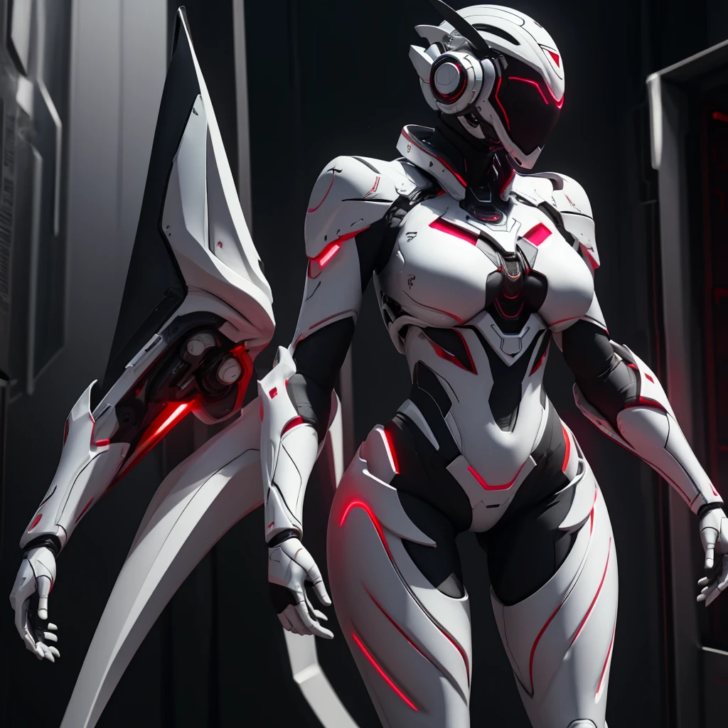 Dronificated unknown woman in a fully enclosed white latex fullbody suit with ref lights across the suit and star shaped glowing core in the chest, fully enclosed cyber helmet that cover her whole face and hides her identity with only two glowing red lines in it's otherwise, empty black face, huge breast, narrow waist, wide hips and thick thighs, in a storage, no face, no hair, no mouth, no eyes
