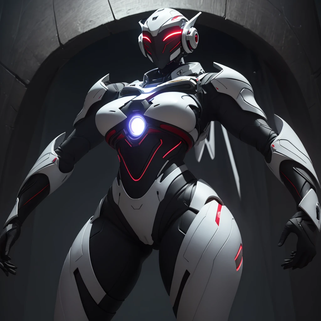 Dronificated unknown woman in a fully enclosed white latex fullbody suit with ref lights across the suit and star shaped glowing core in the chest, fully enclosed cyber helmet that cover her whole face and hides her identity with only two glowing red lines in it's otherwise, empty black face, huge breast, narrow waist, wide hips and thick thighs, in a storage, no face, no hair, no mouth, no eyes