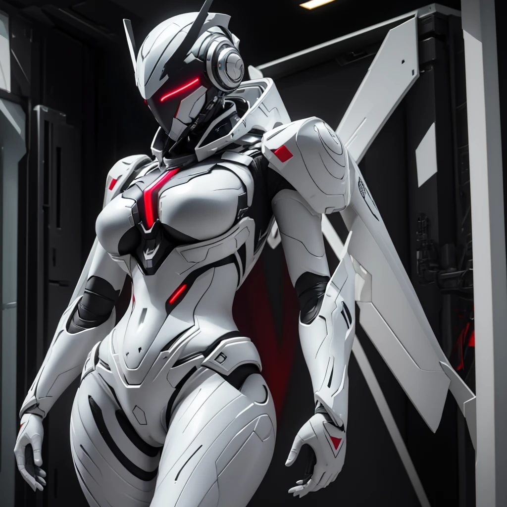 Dronificated unknown woman in a fully enclosed white latex fullbody suit with ref lights across the suit and star shaped glowing core in the chest, fully enclosed cyber helmet that cover her whole face and hides her identity with only two glowing red lines in it's otherwise, empty black face, huge breast, narrow waist, wide hips and thick thighs, in a storage, no face, no hair, no mouth, no eyes