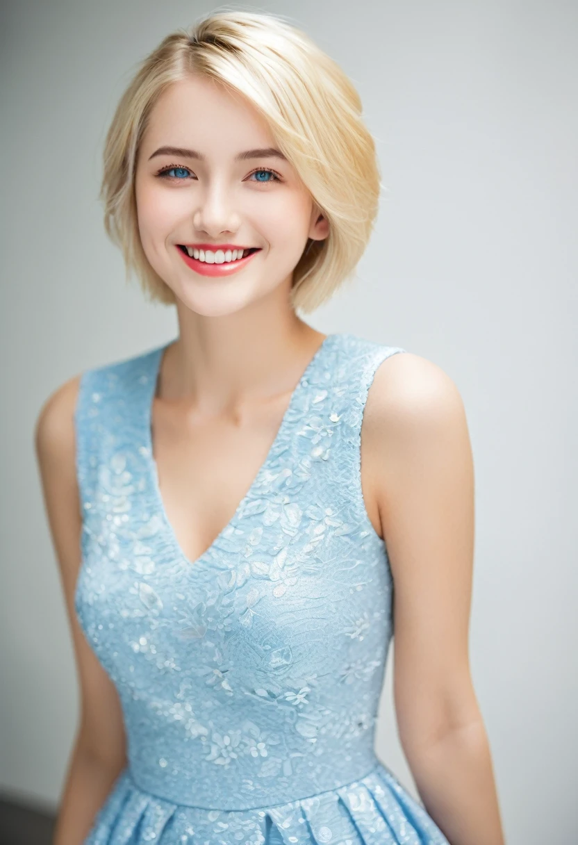 Wonderfull,beautiful,woman,18 years old,smile,,sweet,cute,blue eyes,blonde short hair,using a tight and short dress,pousing for a professional photoextreme hiper high quality ever,extreme hiper high detailed,extreme hiper high resolution,extreme hiper high realistic,real,perfection