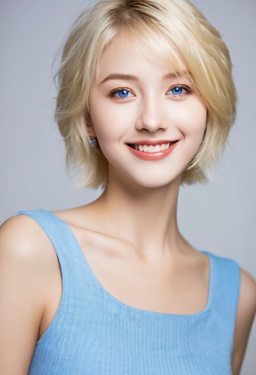 Wonderfull,beautiful,woman,18 years old,smile,,sweet,cute,blue eyes,blonde short hair,using a tight and short dress,pousing for a professional photoextreme hiper high quality ever,extreme hiper high detailed,extreme hiper high resolution,extreme hiper high realistic,real,perfection