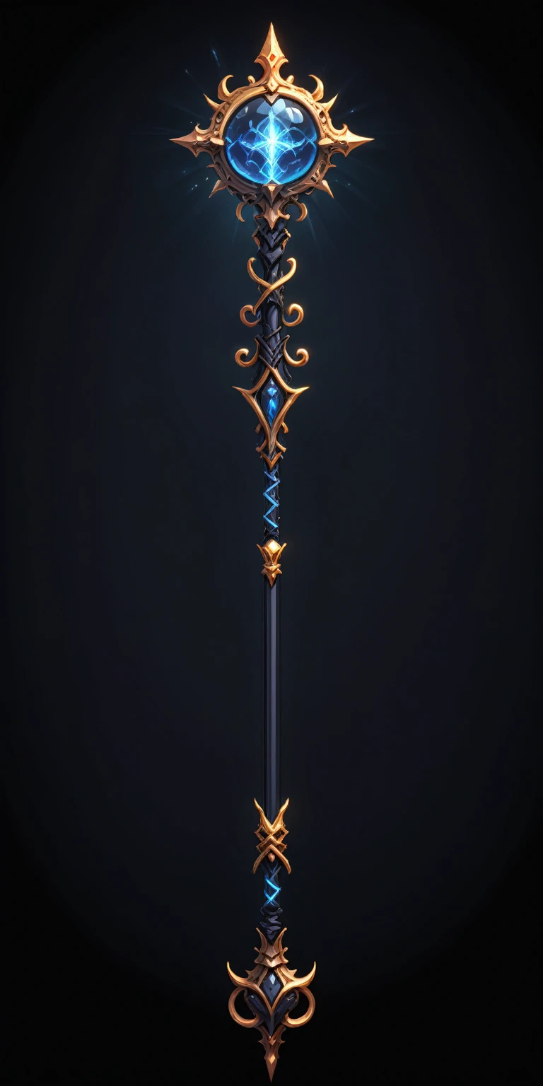 pixel art, cartoon illustration, Divine glavie greatstaff, Powerfull Magical theme, simple black background, RPG game icon