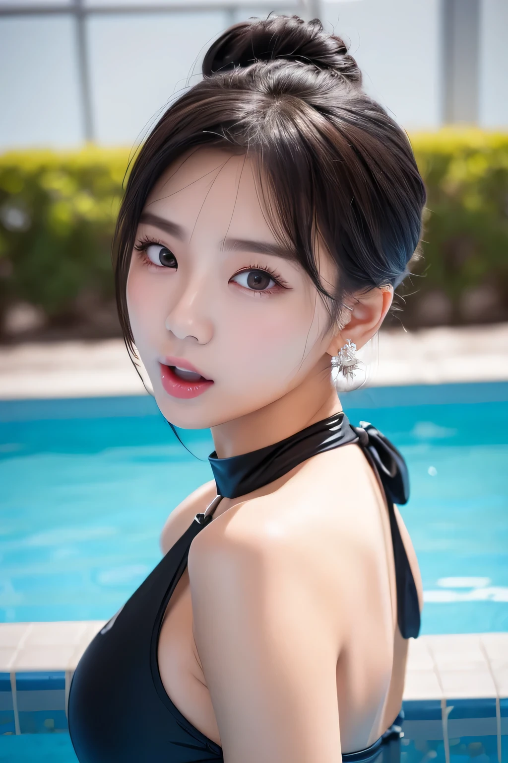 Beautiful Young Woman of the Year、 Korean women、Black Hair、Hairstyle bun、hair band、Necklace around the neck、Woman in swimsuit、Open your mouth a little、Intricate details, Very detailed:1.2), 、 Looking into the camera,background is indoor pool、ear piercing