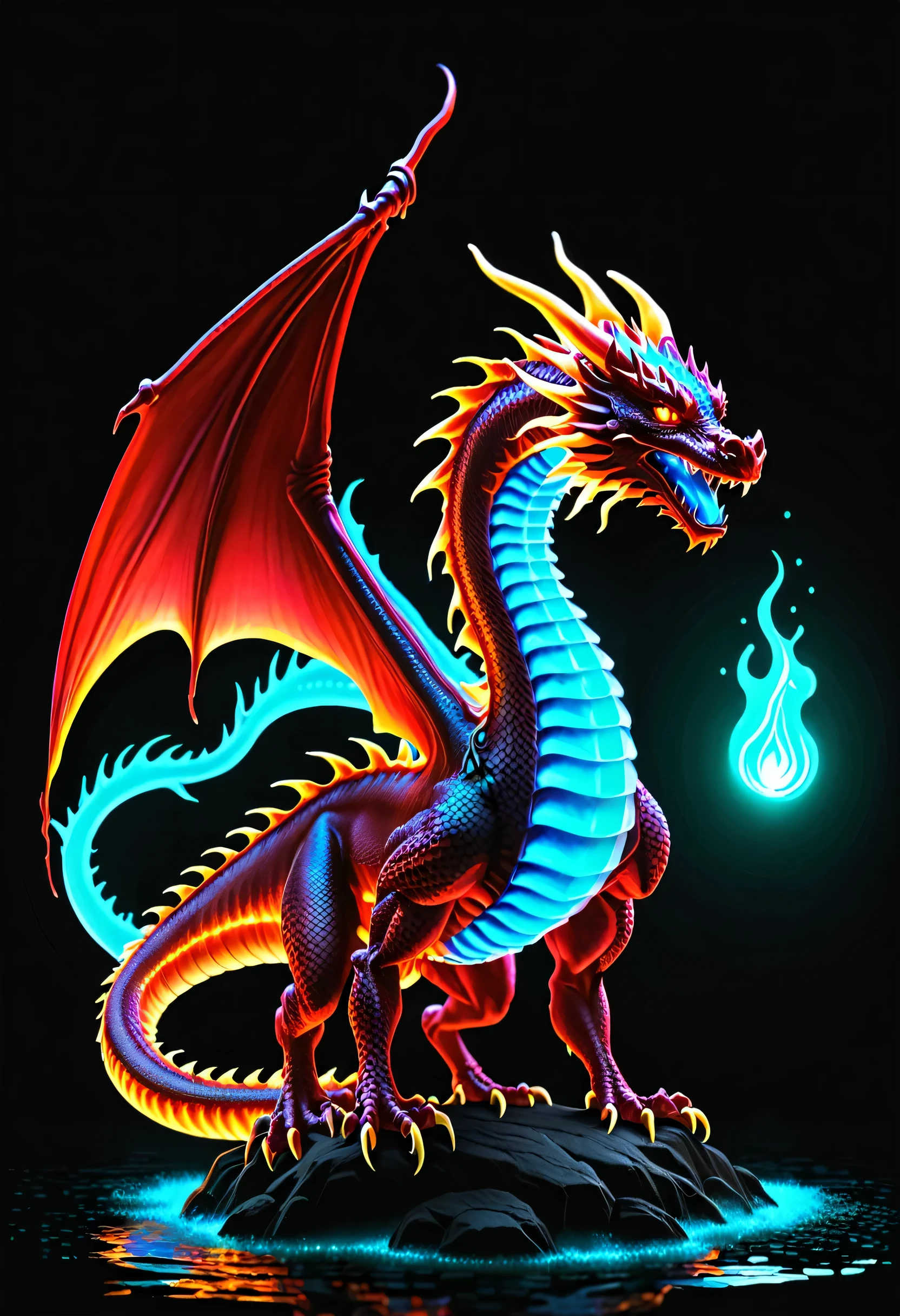 Glowing red fire dragon with bioluminescence 