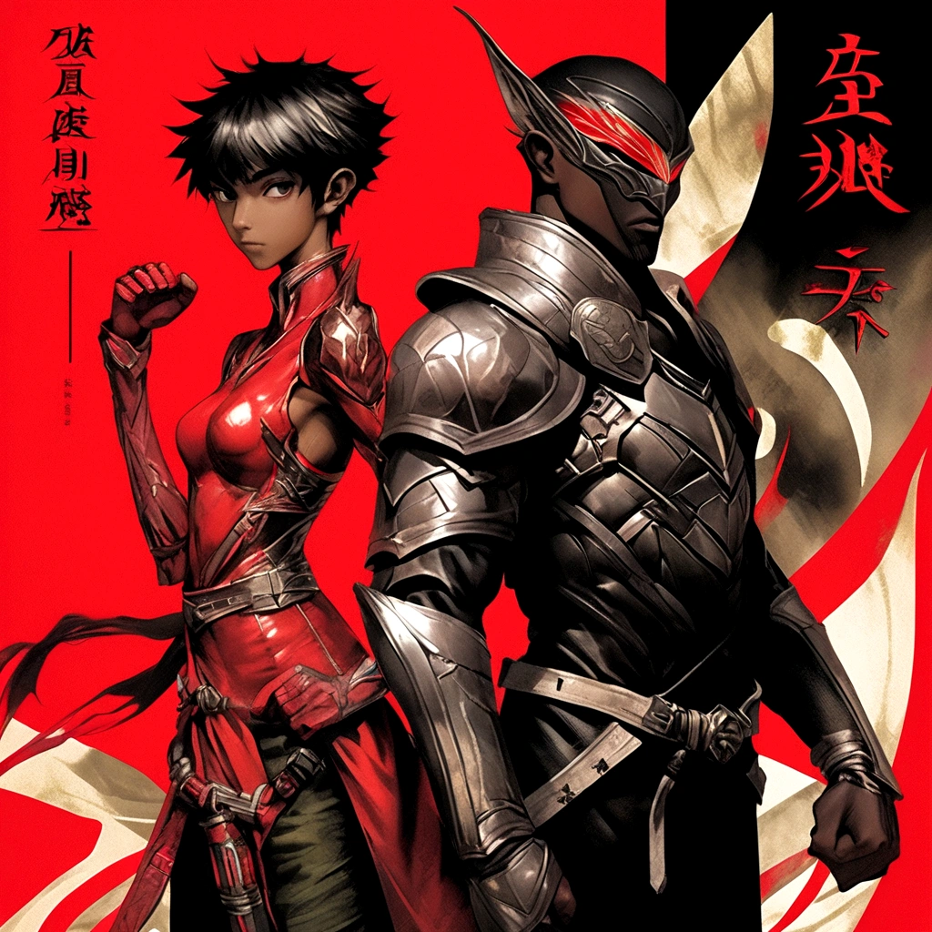 A highly detailed, photorealistic illustration of a black skin elf female and elf male with shining red clothing, serious expressions, standing against a black and red background with Japanese writing on the edges spelling "Shangri-La", in a persona manga style art