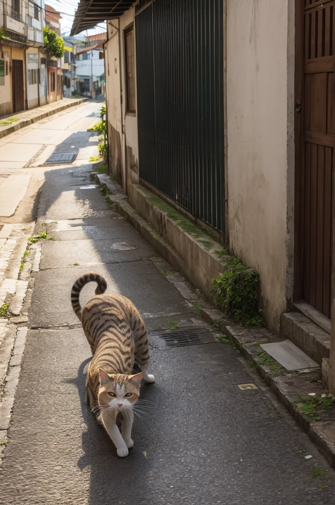 Gato flutuando por cima de uma cidade