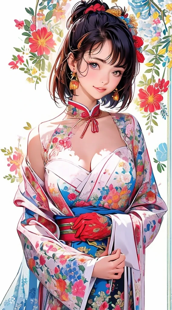 cute、Perfect Anatomy、Picturesque、sketch、texture、solo、Very detailed、(Fractal Art:1.1)、(Gentle colors:1.1)、(Floral:1.6)、Most detailed、(Zentangle:1.2)、(Dynamic pose)、(Abstract background:1.3)、(Glowing Skin)、(Many colors:0.8)、、(Earrings:1.4)、(feather:0.9)、Taisho romance,(masterpiece、highest quality、highest quality、Official Art、Beautiful and aesthetic:1.2)、
