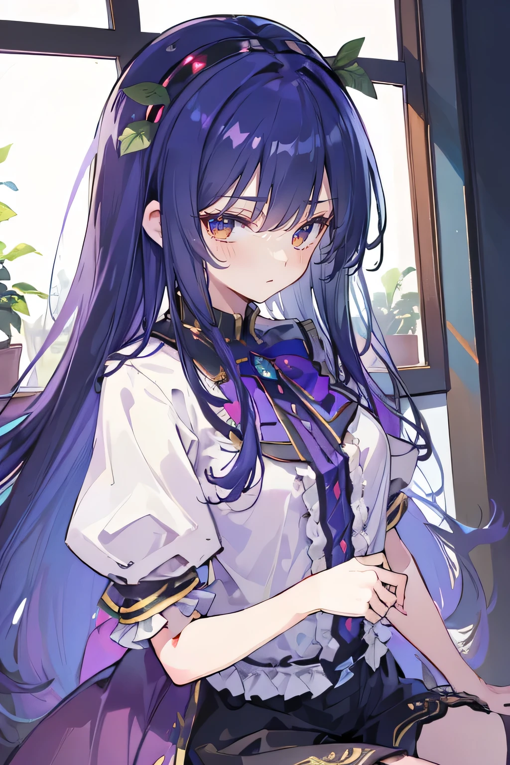 (Best Quality: 1.3), (Masterpiece: 1.3), (Illustration: 1.3), (Ultra Detailed: 1.3), (Imide Lens: 0.9), 1girl, Medium Breasts, Purple Eyes, ((Dark Blue Hair) ), hair accessories, young, clothing-gladiia, long hair, dark blue hair, indoors, black shorts, high socks, low ponytail, expressionless, upper body, close-up, coat, skirt,