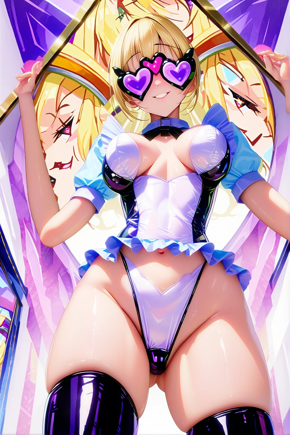 masterpiece, best quality, 1girl,blonde hair,Sui, (finely detailed heart shaped pupils and detailed face),,cowbody shot,lovestruck,extremely detailed picture unity 8k wallpaper,solo,(latex maid costume:0.9),glamour body,seductive smile,latex thighhigh,from below