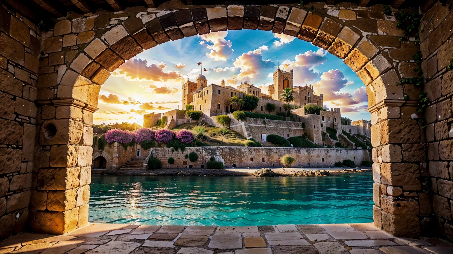 A detailed and realistic depiction of Castell de Eivissa beach in Ibiza, a historic castle situated on a hilltop overlooking the Mediterranean sea, with a warm golden hour lighting, vibrant blue skies, lush vegetation, and a sense of ancient grandeur, (best quality,8k,highres,masterpiece:1.2),ultra-detailed,(realistic,photorealistic,photo-realistic:1.37),ancient castle,medieval architecture,stone walls,towers,balconies,arched windows,cobblestone paths,mediterranean landscape,ibiza island,seaside,sunset lighting,warm colors,dramatic sky,lush foliage,detailed textures,historical monument