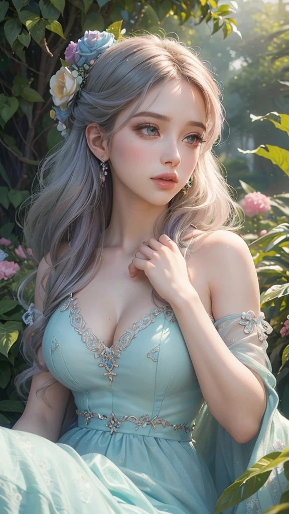 (best quality,photo-realistic:1.37),vibrant colors,professional,extremely detailed eyes and face,beautiful detailed lips,longeyelashes,(soft,pastel) color palette,studio lighting,women,portrait,concept artists,lush garden background,dreamy atmosphere,romantic mood,flowing dress,dynamic pose,creative,Fantasy style, yamig