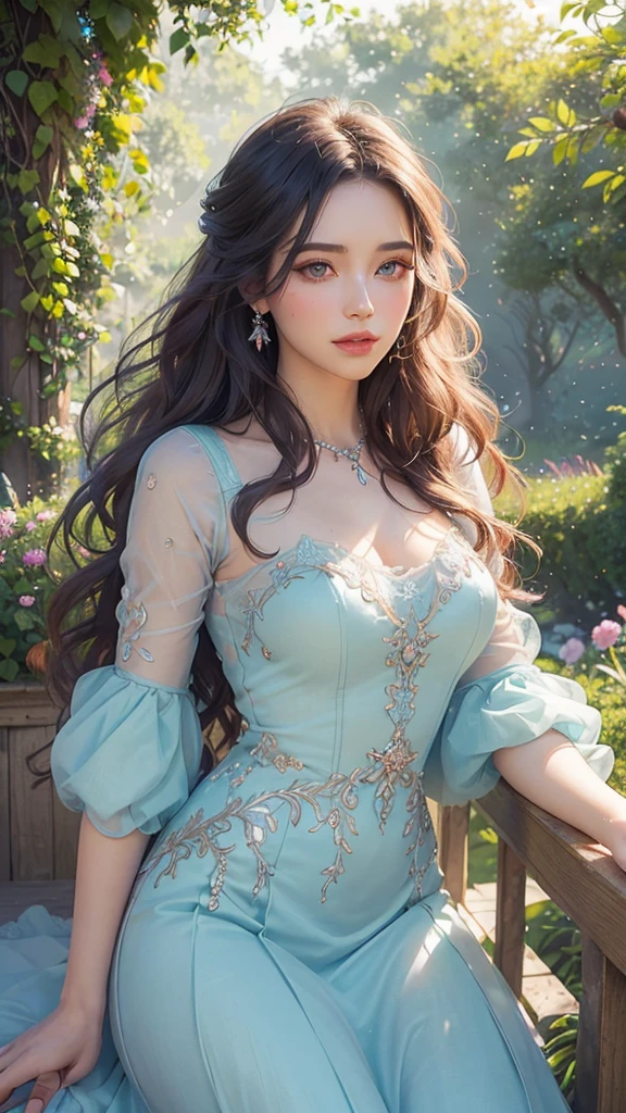 (best quality,photo-realistic:1.37),vibrant colors,professional,extremely detailed eyes and face,beautiful detailed lips,longeyelashes,(soft,pastel) color palette,studio lighting,women,portrait,concept artists,lush garden background,dreamy atmosphere,romantic mood,flowing dress,dynamic pose,creative,Fantasy style, yamig