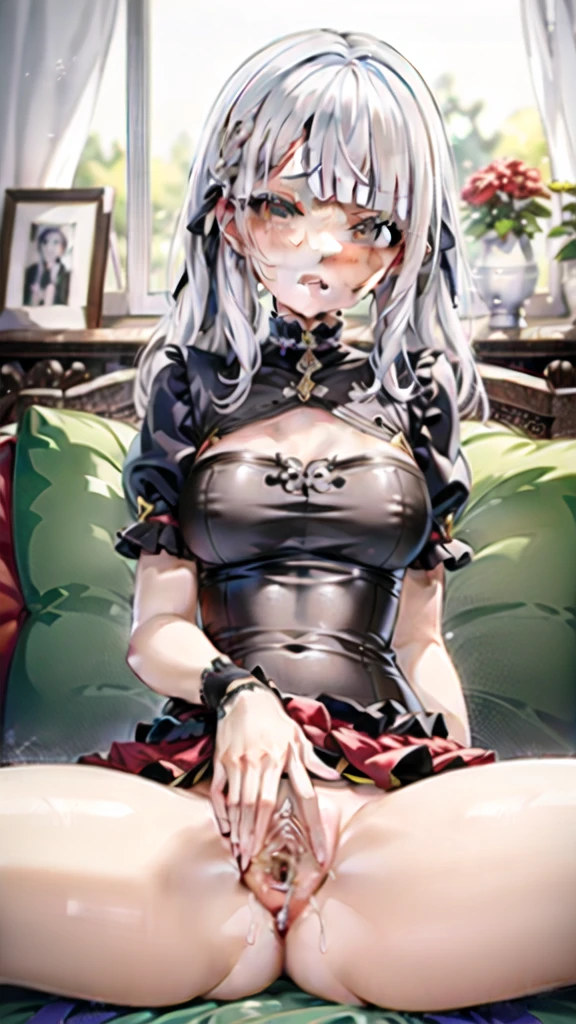 (masterpiece, sidelighting, finely detailed beautiful eyes: 1.2), Spread_Pussy,white hair,Curtain Bangs and Shag Haircut,cute face,cute,nsfw,sitting on bed,spread legs